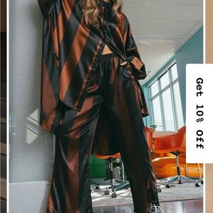 Dressed in LALA Satin Play Black and Brown Striped Jumpsuit PANTS ONLY L